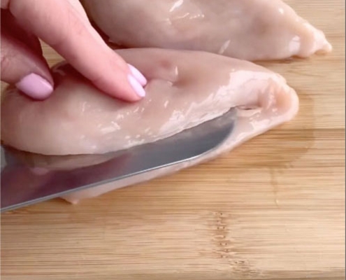 Air Fried Stuffed Hunters Chicken step by step instructions. Step 1, slice the chicken breasts 3/4 through