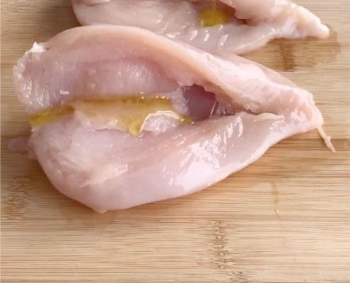 Air Fried Stuffed Hunters Chicken step by step instructions. Step 2, brush with olive oil or spray